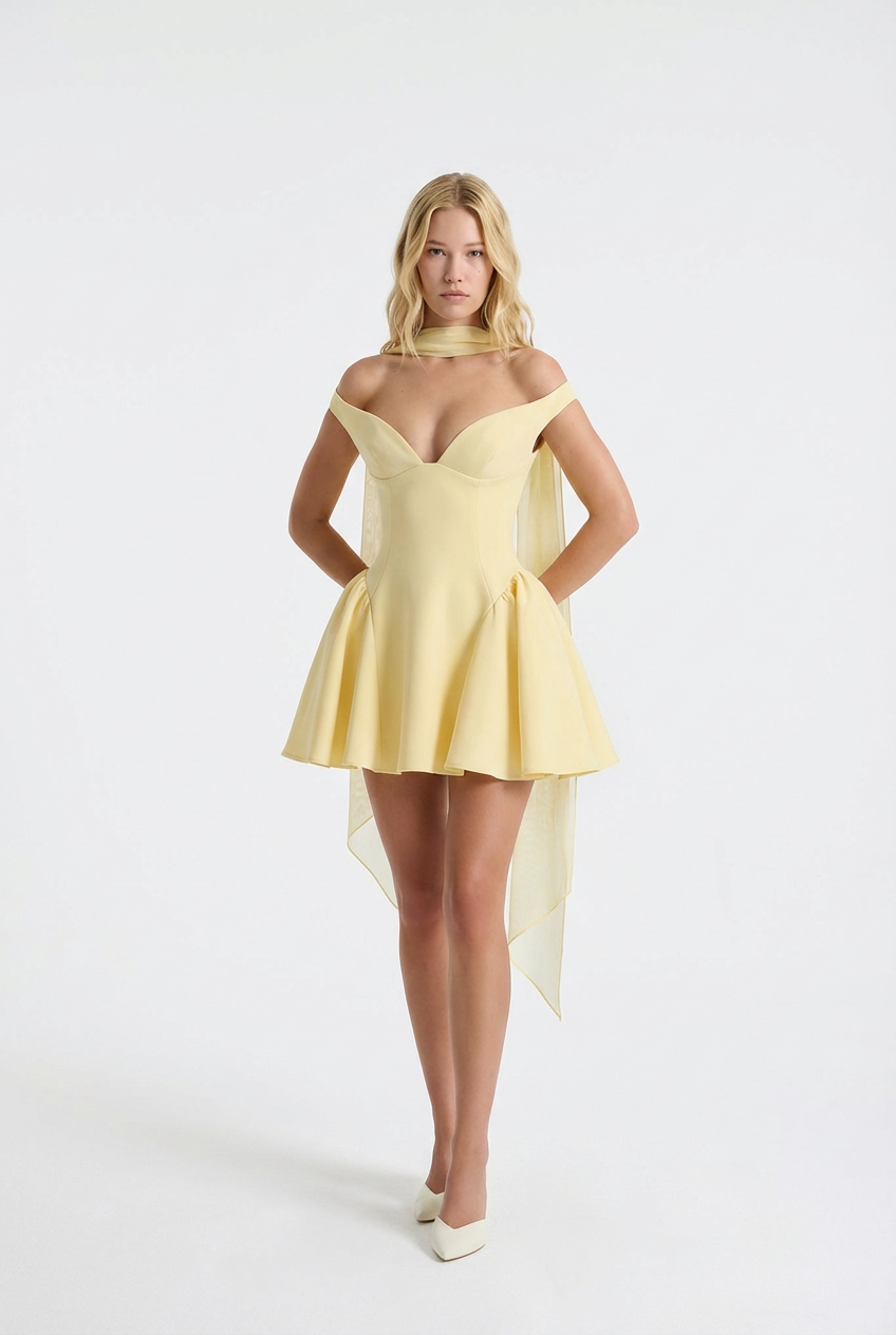 Woman wearing a yellow off-shoulder dress on a white background