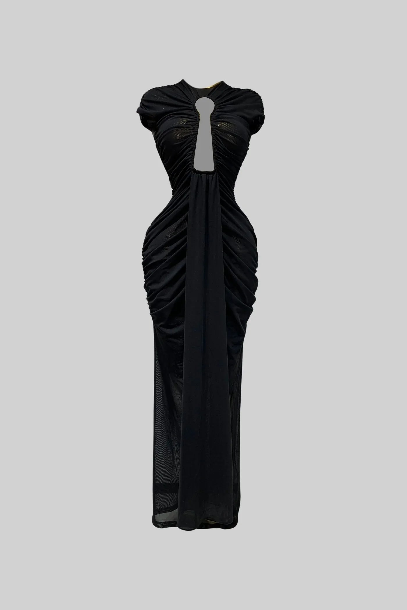 Black evening gown with ruched design on a light gray background