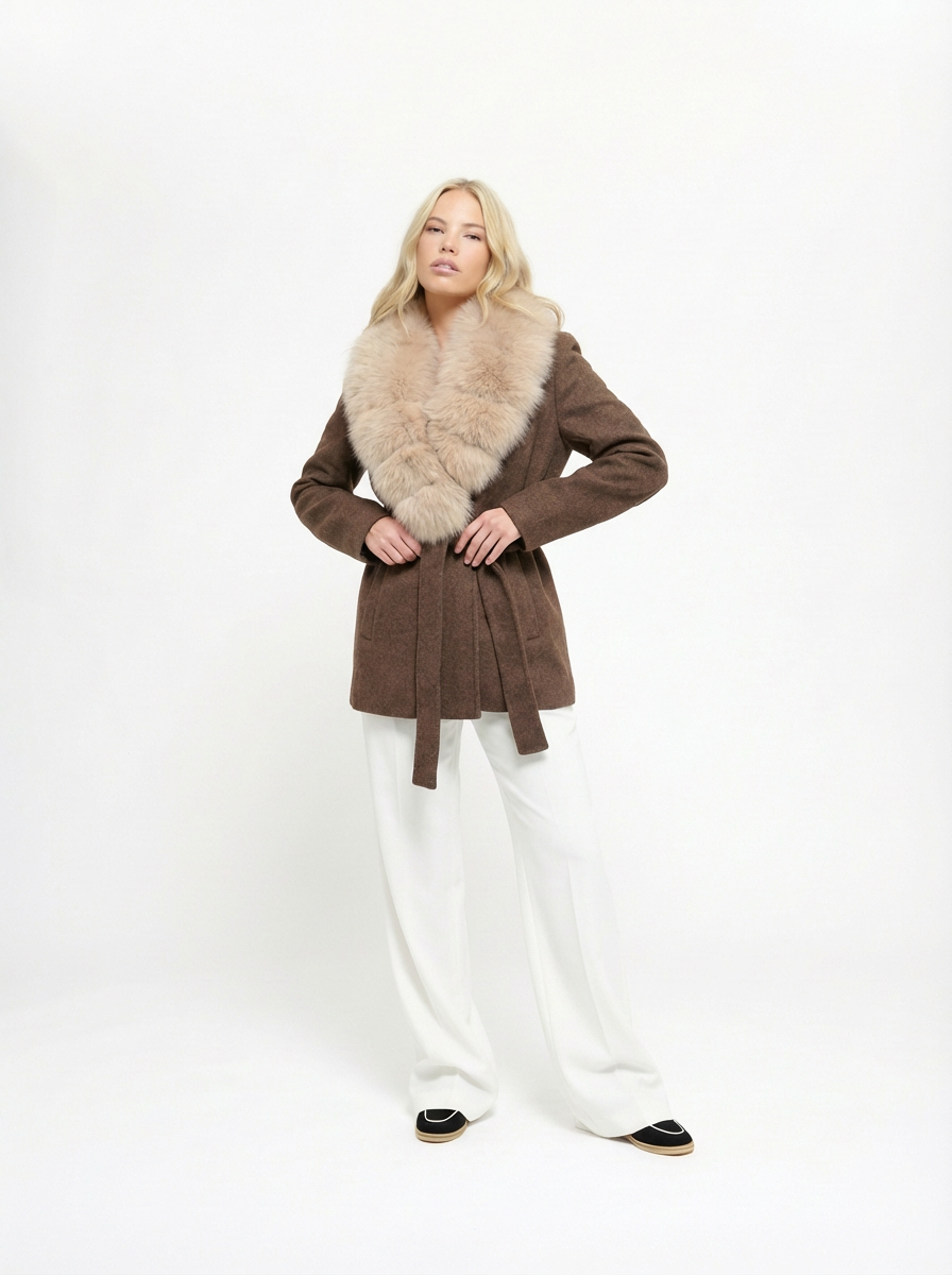 Brown Wrap Coat with Detachable Plush-Textured Collar and Belted Waist