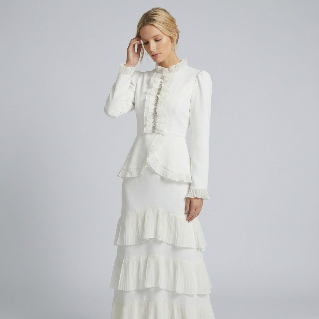 Woman wearing a white outfit with ruffled details on a light gray background