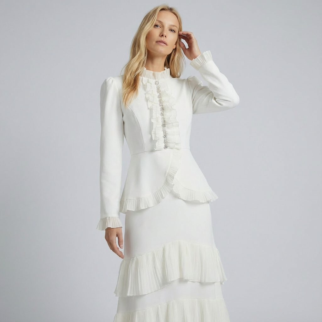 Woman wearing a white dress with ruffled details on a gray background