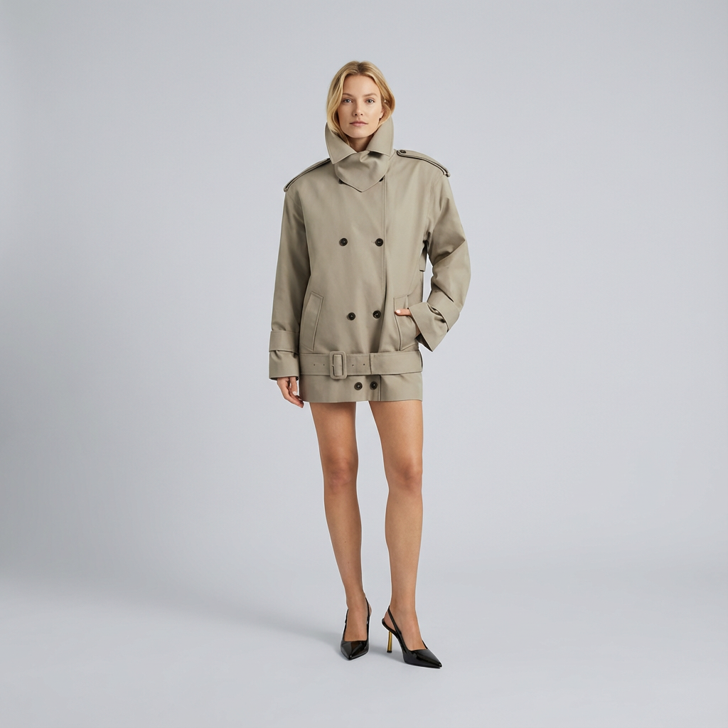 Woman wearing a beige trench coat on a gray background