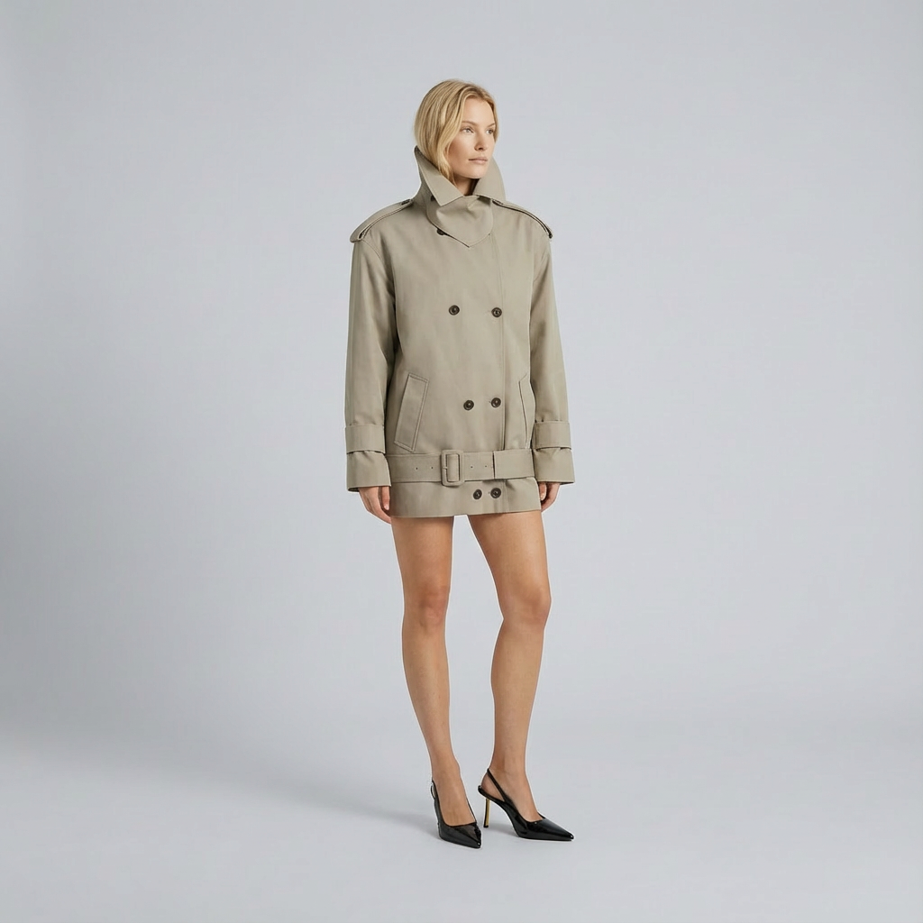Woman wearing a beige trench coat on a plain background