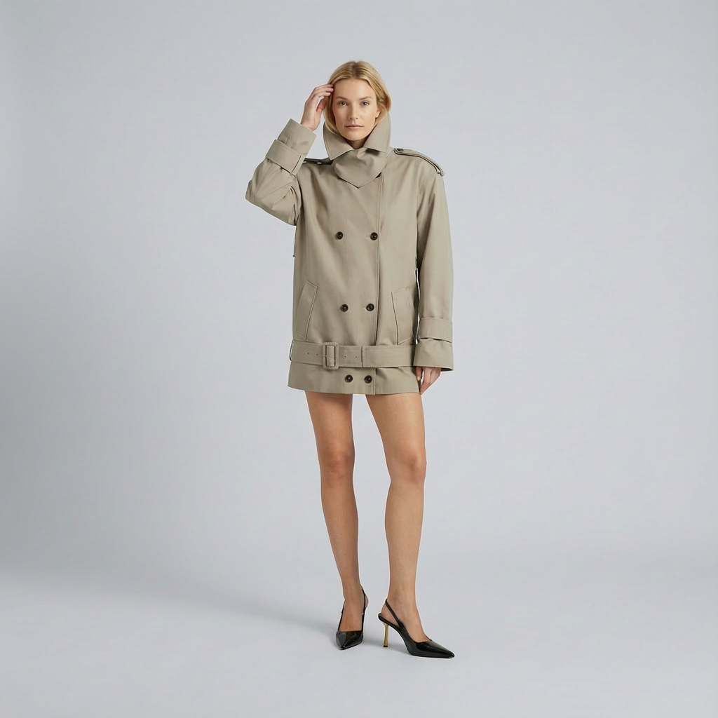 Woman wearing a beige trench coat on a gray background