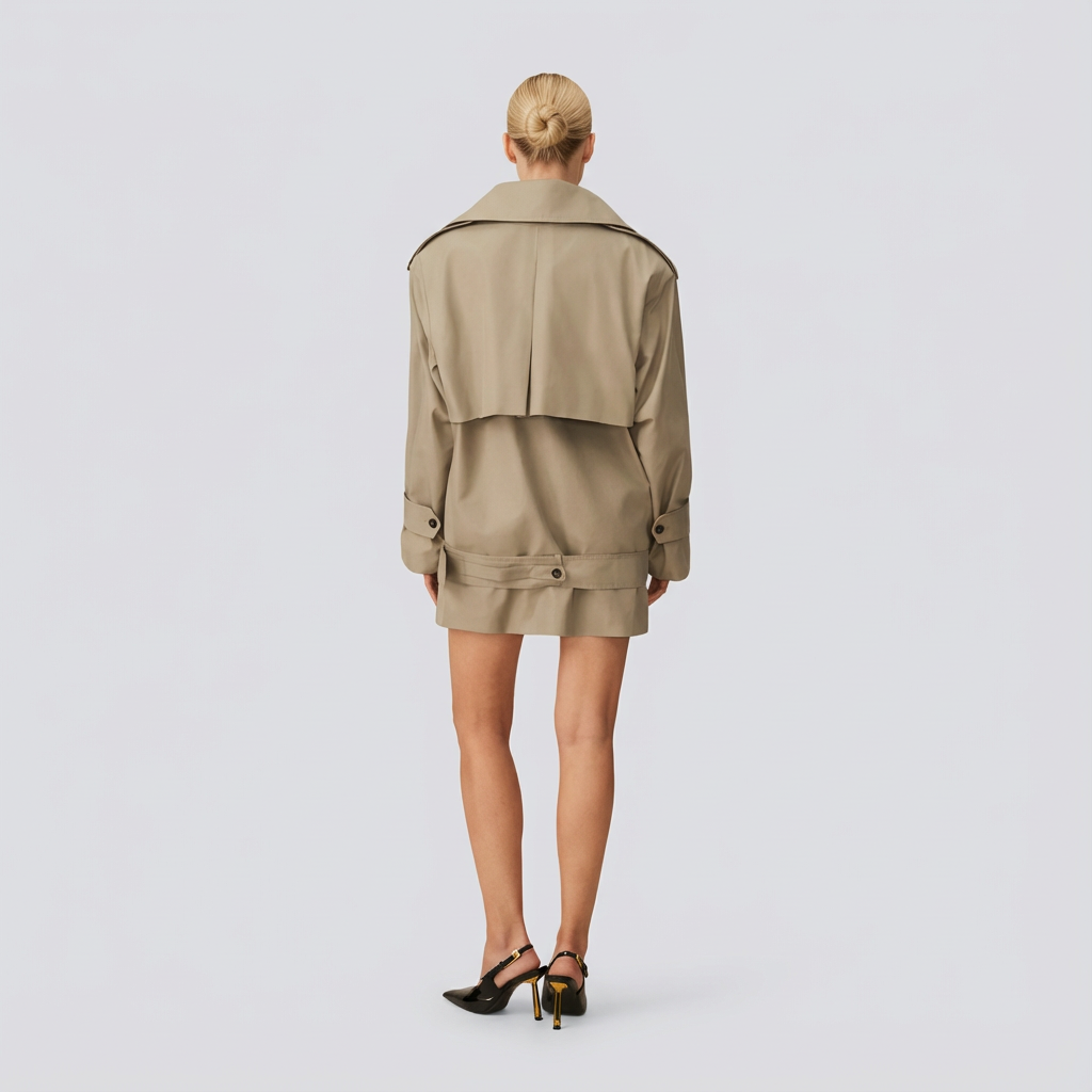 Person wearing a beige trench coat on a light gray background