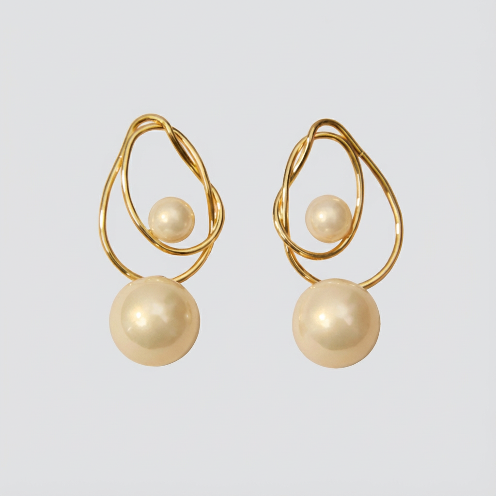 Gold earrings with pearl-like beads on a light gray background