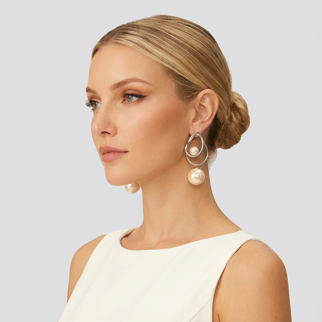 Woman wearing pearl earrings with a neutral background