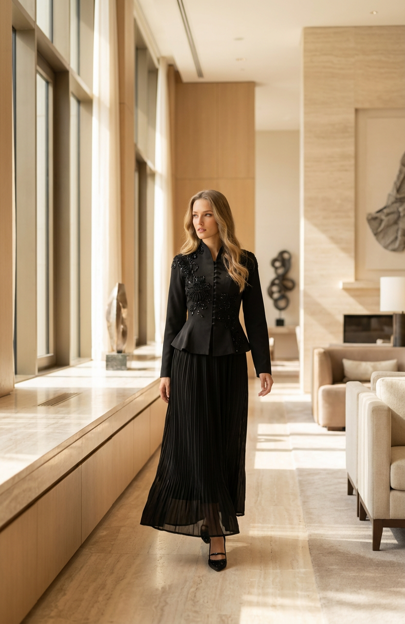 Woman in a black dress standing in a modern interior setting with large windows and decor.