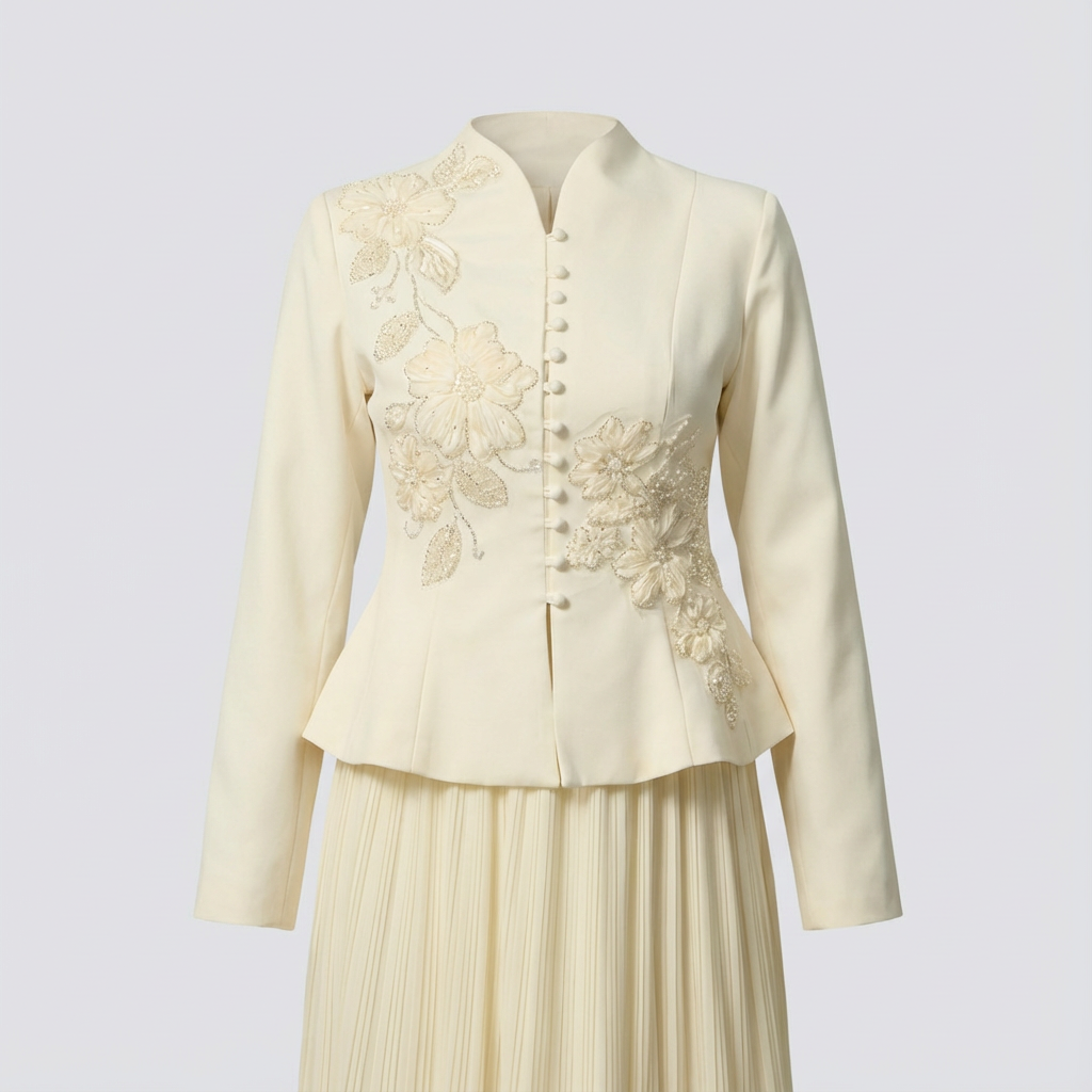 Cream-colored suit with floral embroidery on a light gray background