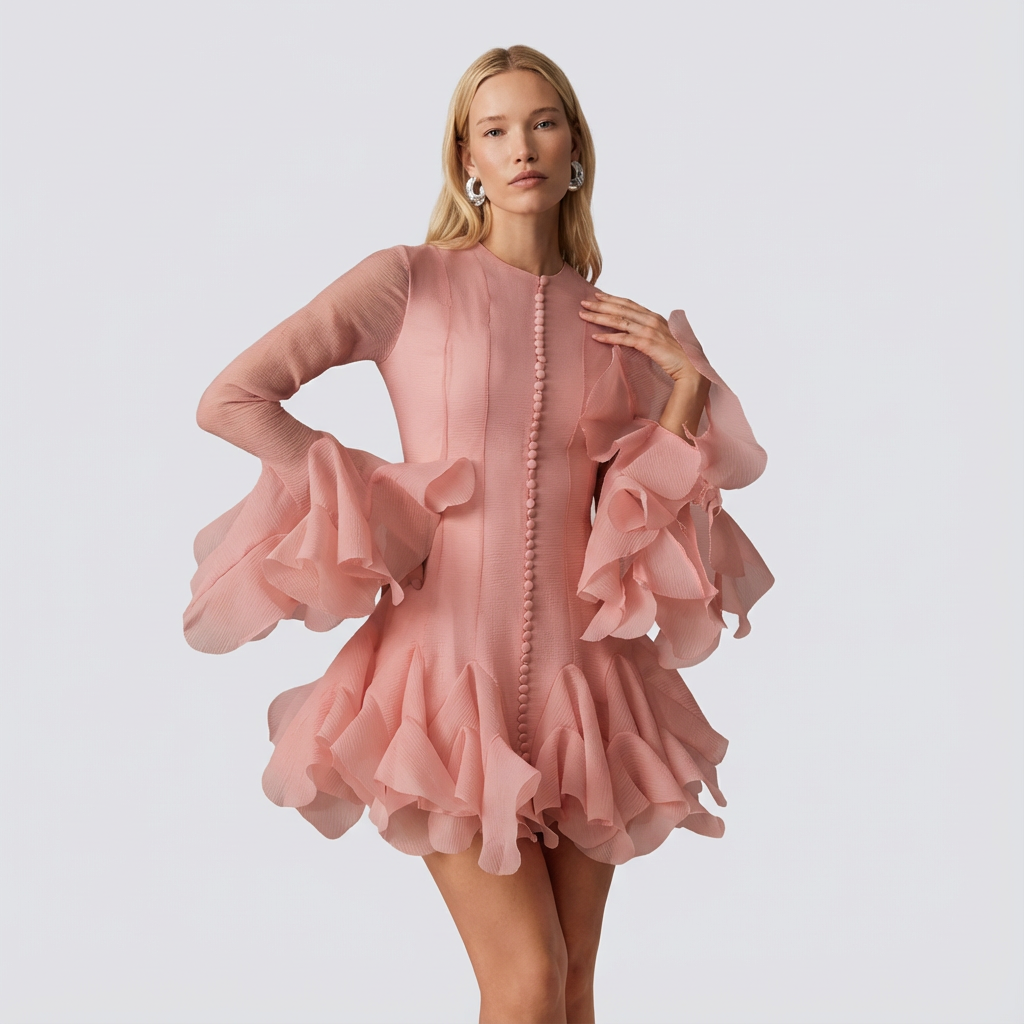 Woman wearing a pink dress with ruffled sleeves and skirt on a light gray background