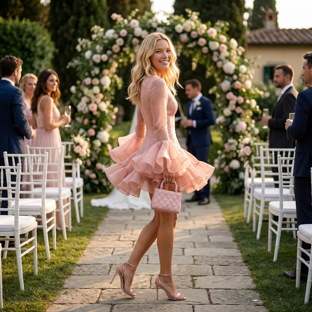 Woman in a pink dress walking through an outdoor wedding ceremony with floral decorations and guests.