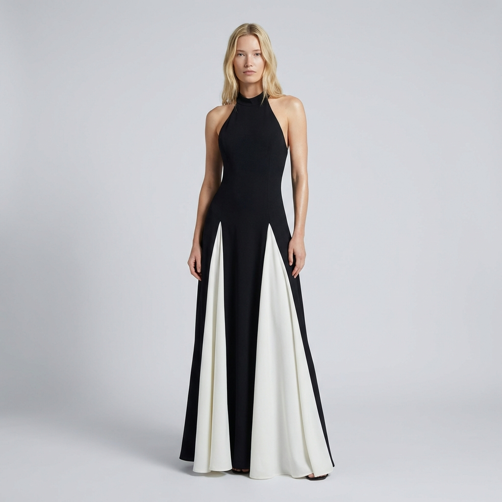 Woman wearing a black and white dress on a gray background