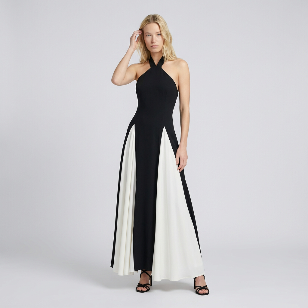 Woman wearing a black and white halter neck dress on a plain background