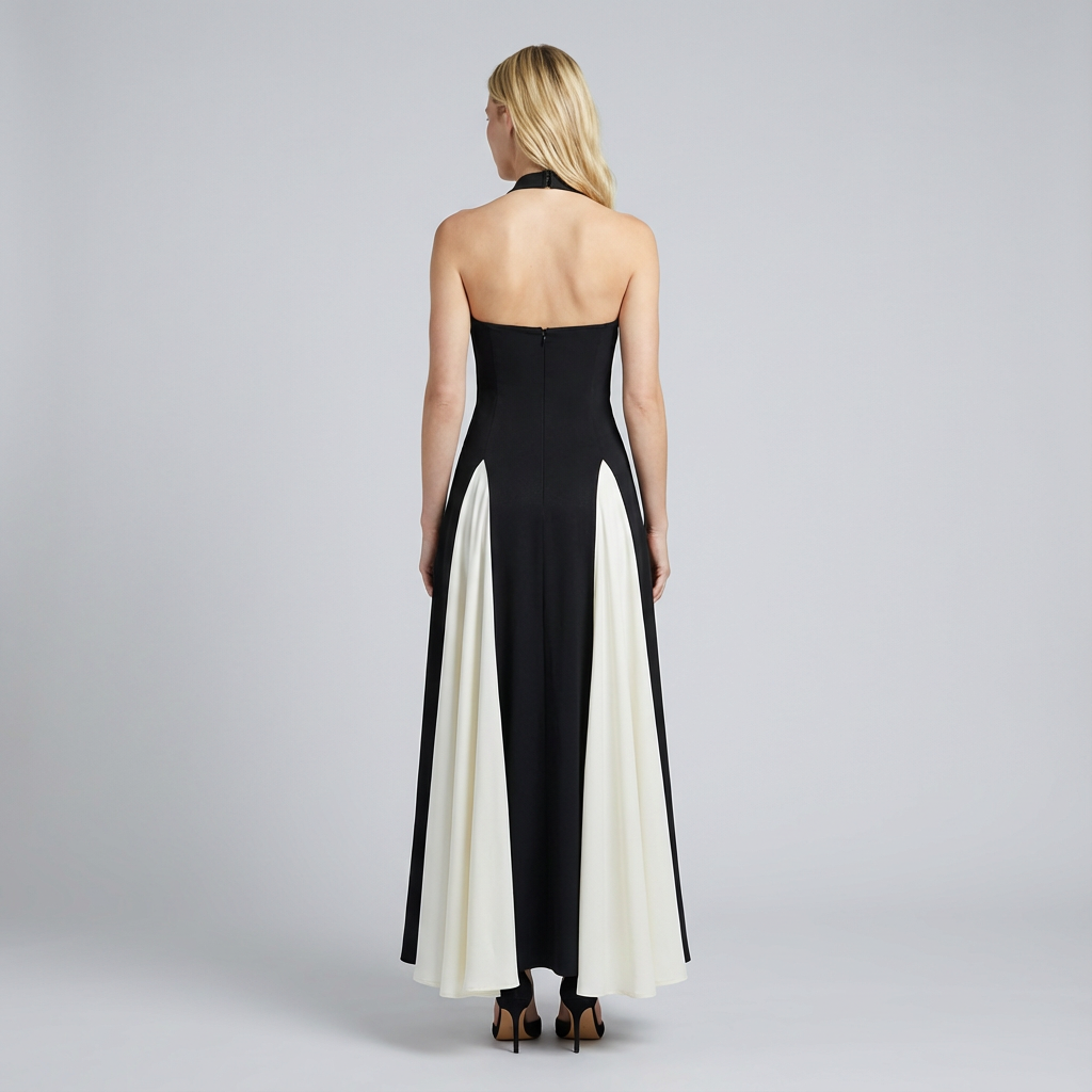 Woman wearing a black and white dress on a gray background