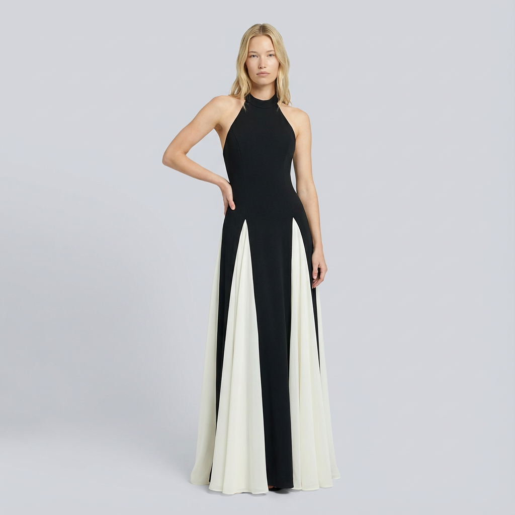 Woman wearing a black and white evening gown on a gray background