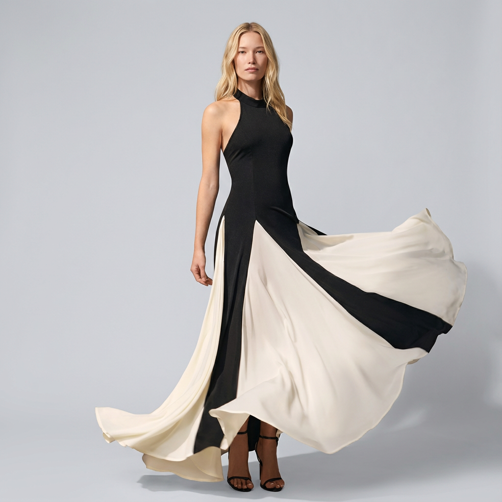 Woman wearing a black and white dress against a gray background