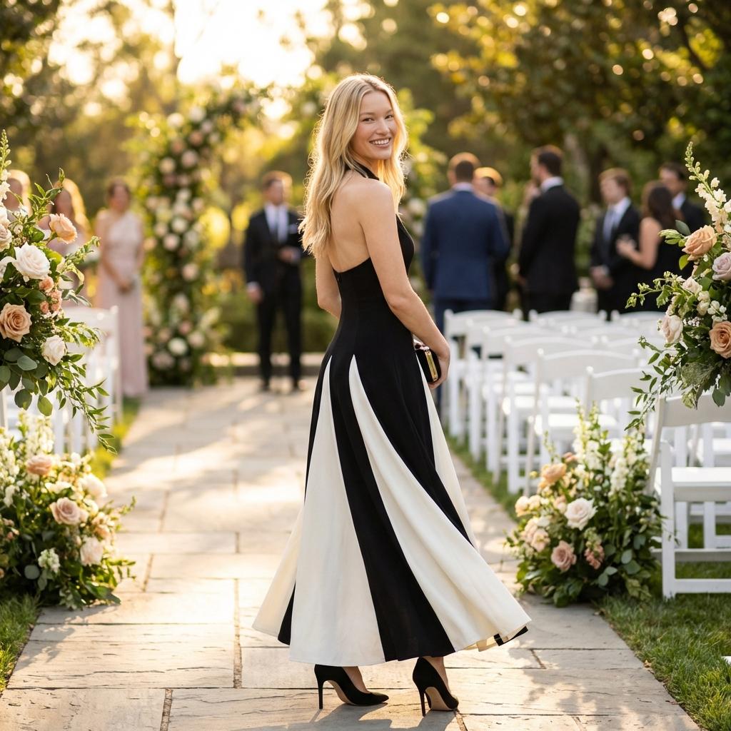 Woman in a black and white dress walking down a decorated pathway at an outdoor event.