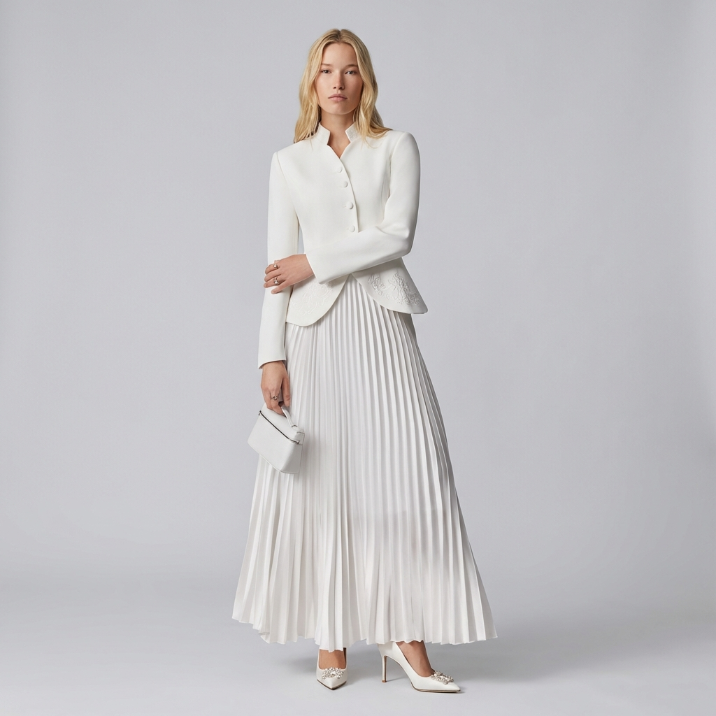 Woman wearing a white outfit with a pleated skirt on a gray background