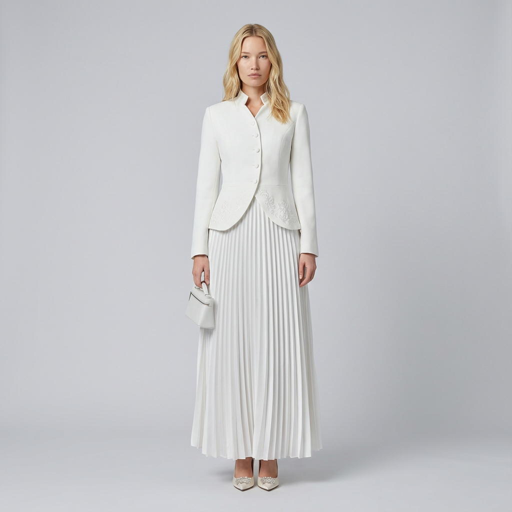 Woman wearing a white suit with a pleated skirt on a gray background