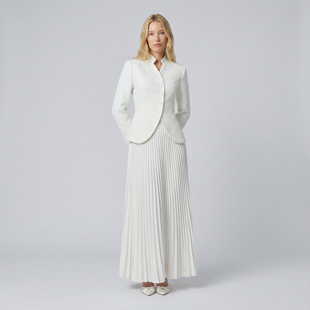 Woman wearing a white suit with a pleated skirt on a plain background