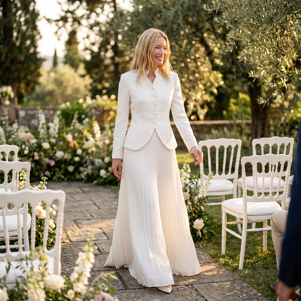 Woman in a white wedding dress walking through an outdoor wedding setup with chairs and flowers.