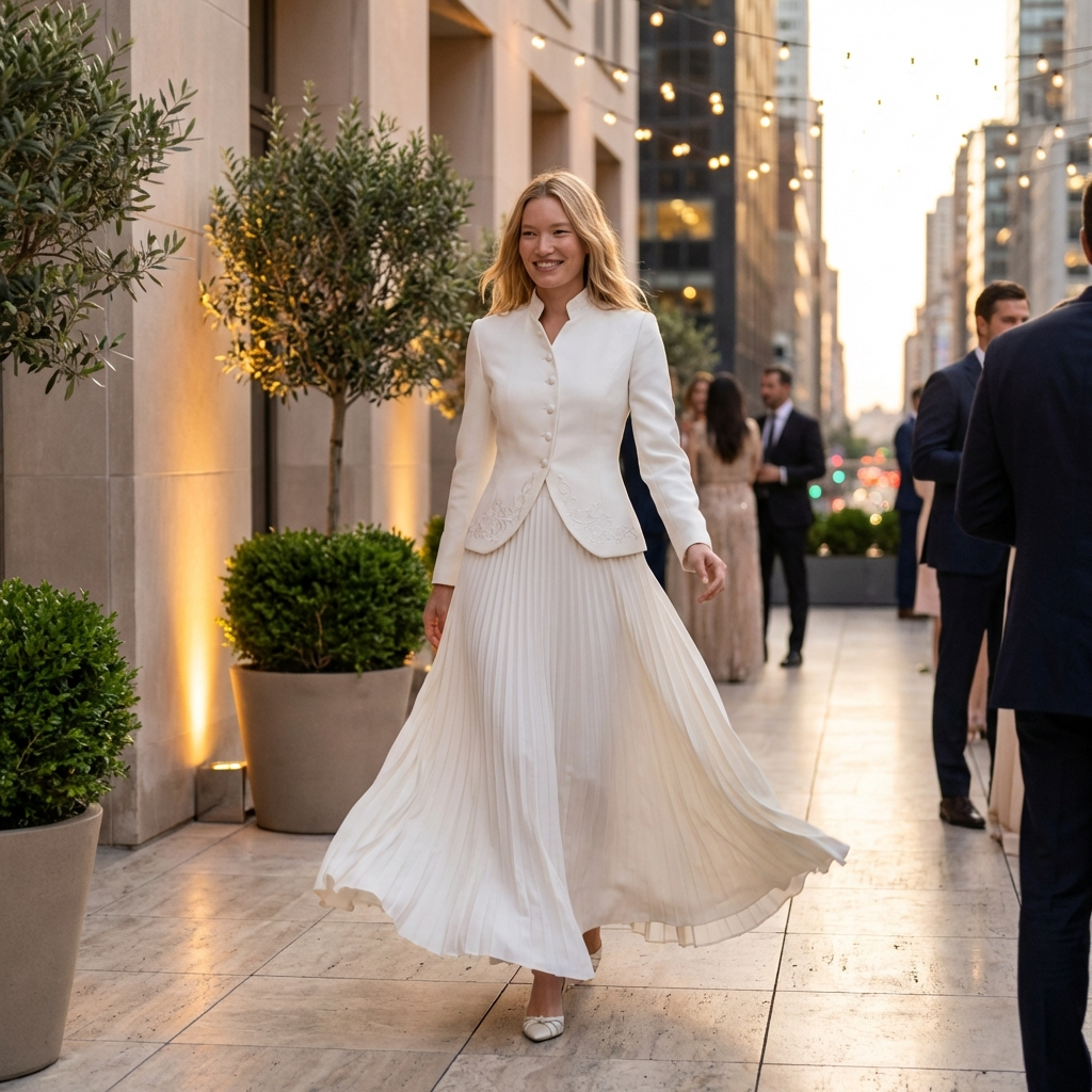 Woman in a white dress walking on a city street with buildings and people in the background