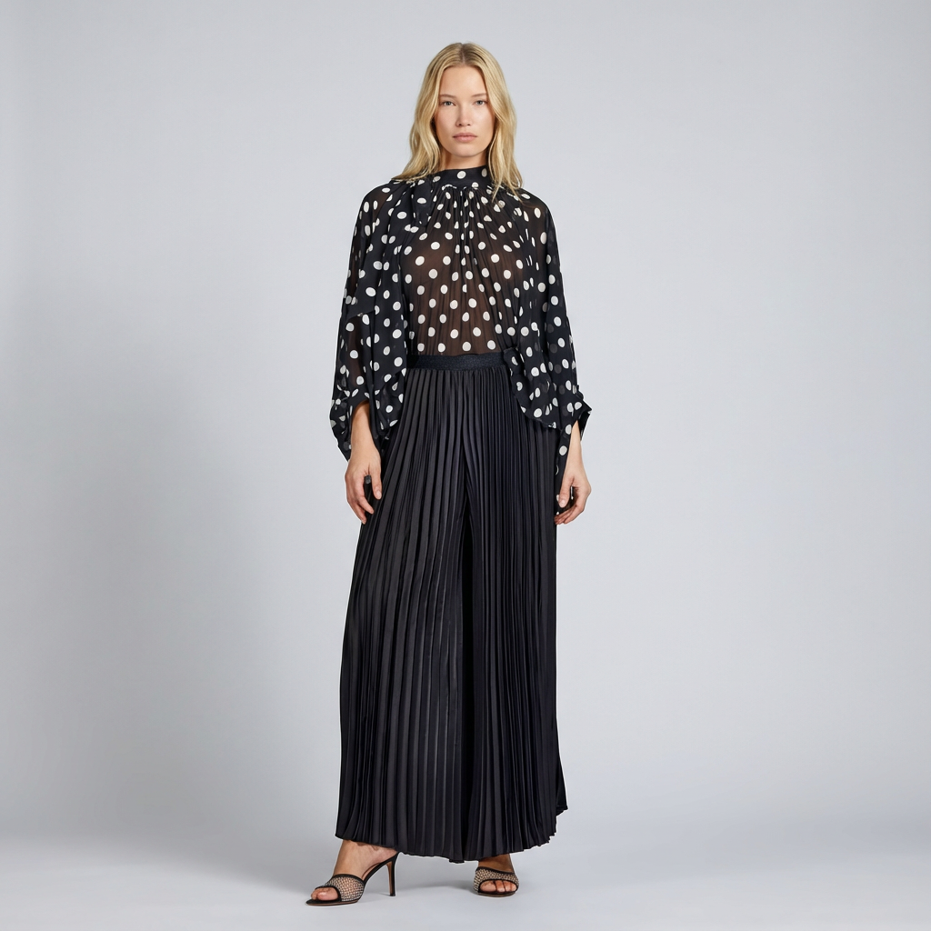 Woman wearing a black polka dot blouse and black pleated pants on a gray background