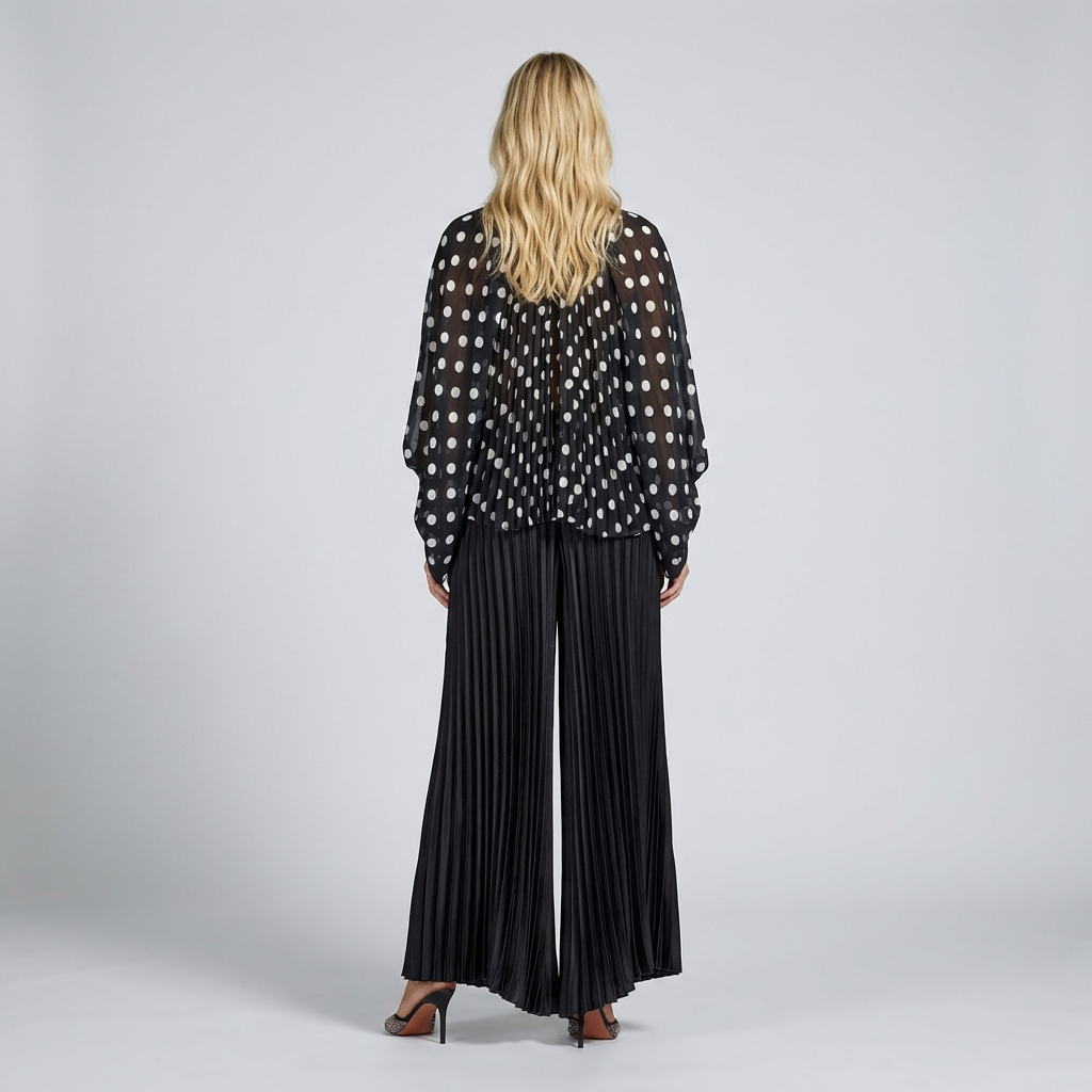 Person wearing a black polka dot blouse and black pleated pants on a gray background