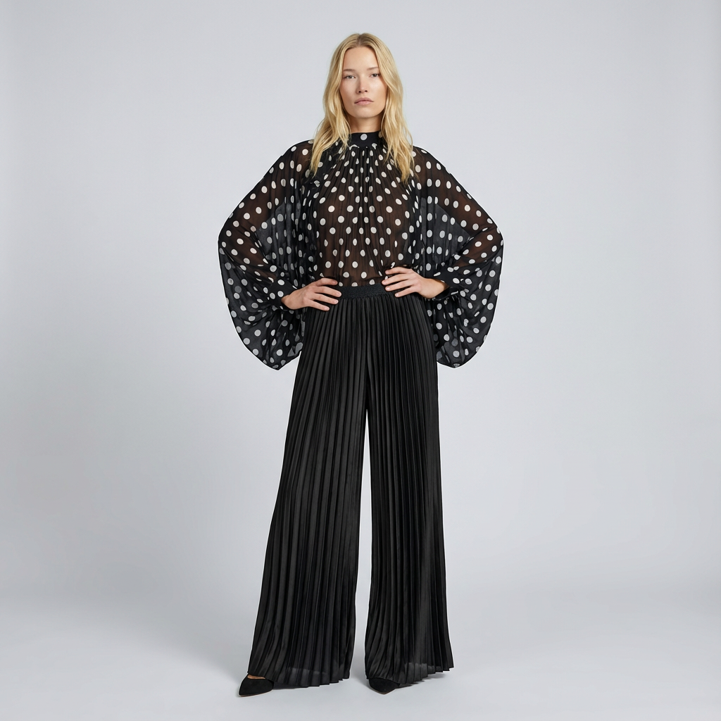 Woman wearing a black polka dot blouse and black pleated pants on a white background