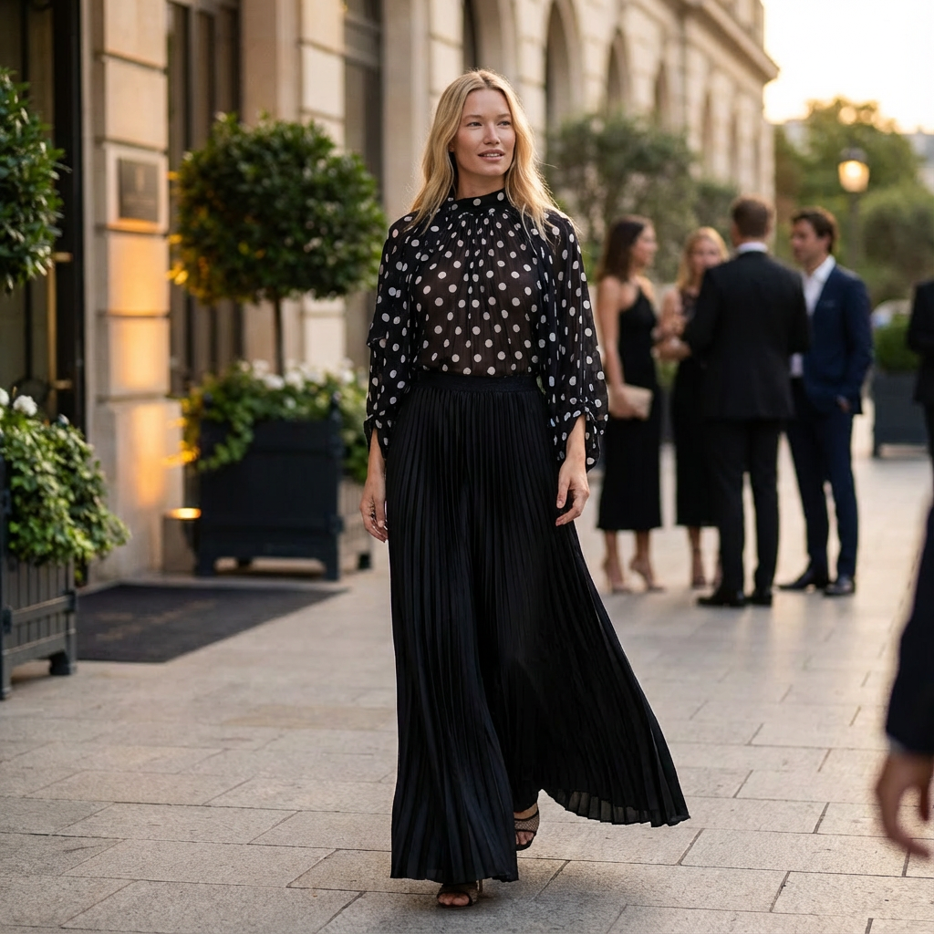Woman in a black polka dot blouse and black pleated skirt walking on a city street.