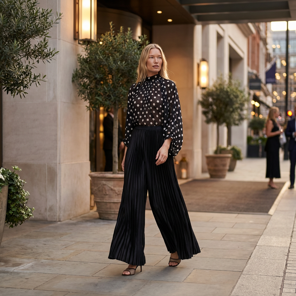 Woman in a black polka dot blouse and black pleated pants standing on a city street.