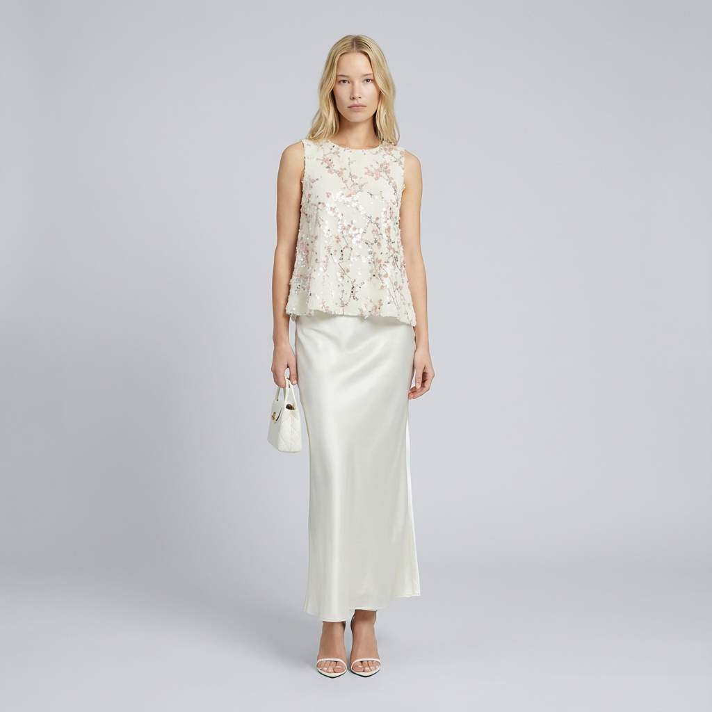 Woman wearing a floral top and satin skirt on a gray background