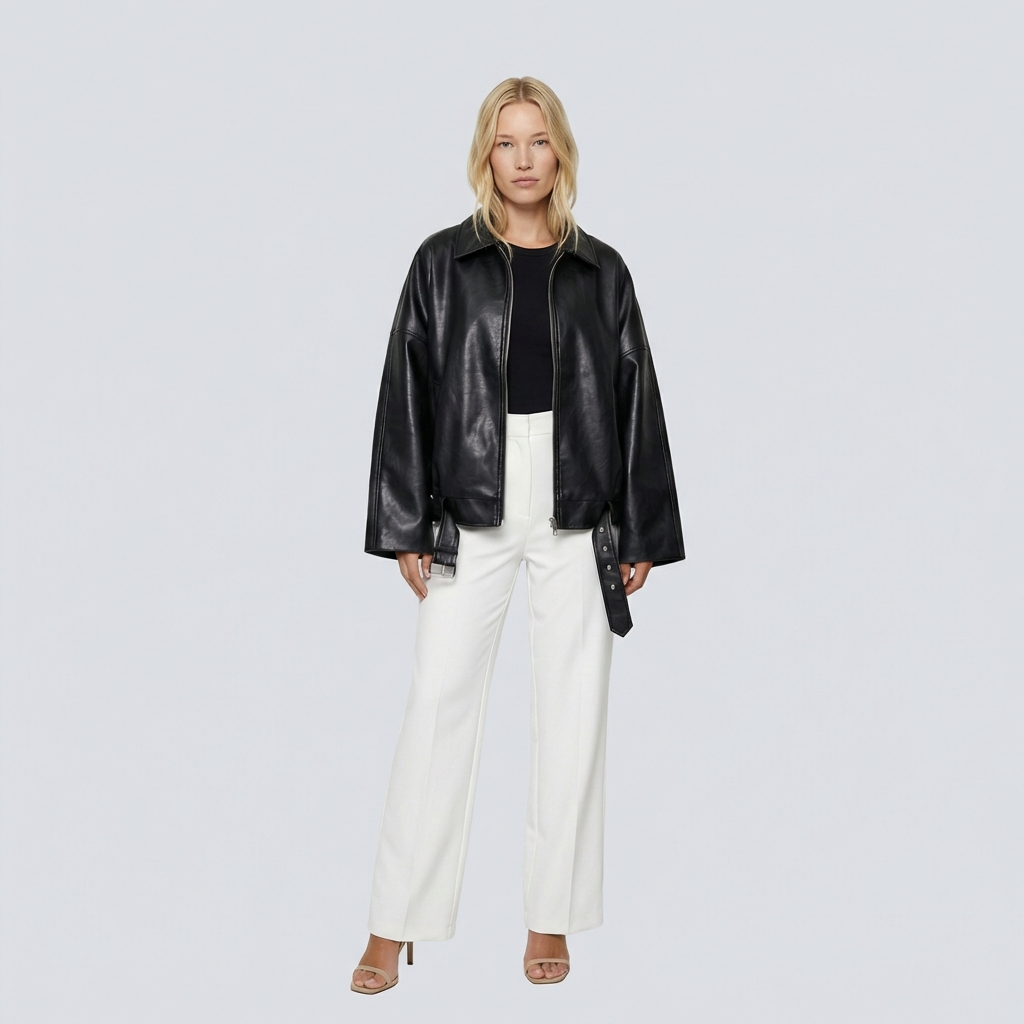 Woman wearing a black leather jacket and white pants on a light gray background
