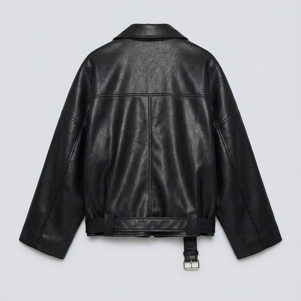 Black leather jacket on a light gray background