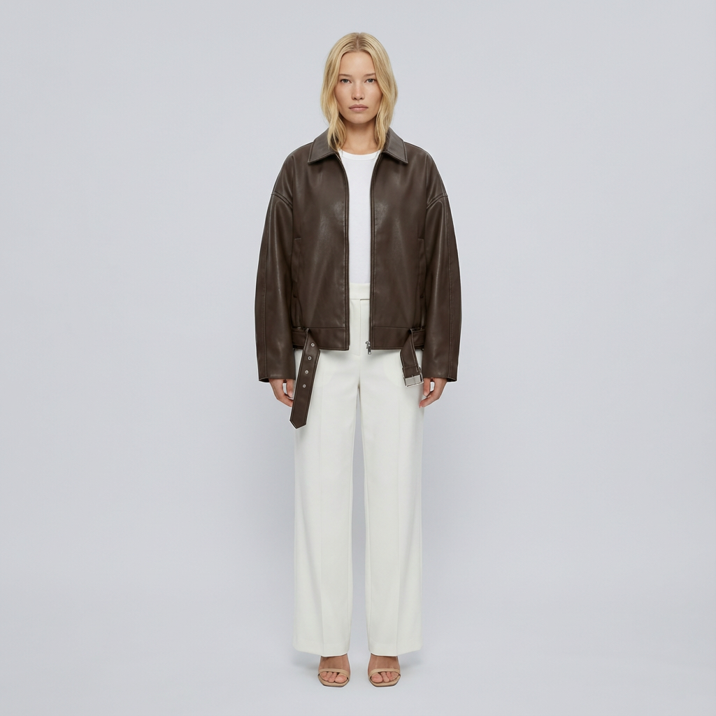 Woman wearing a brown leather jacket and white pants on a light gray background