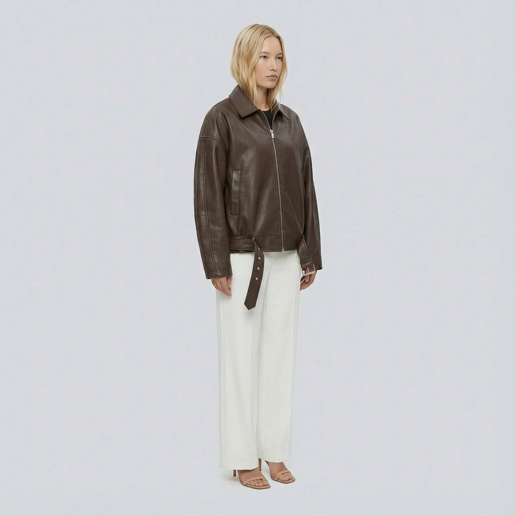Woman wearing a brown leather jacket and white pants on a light gray background