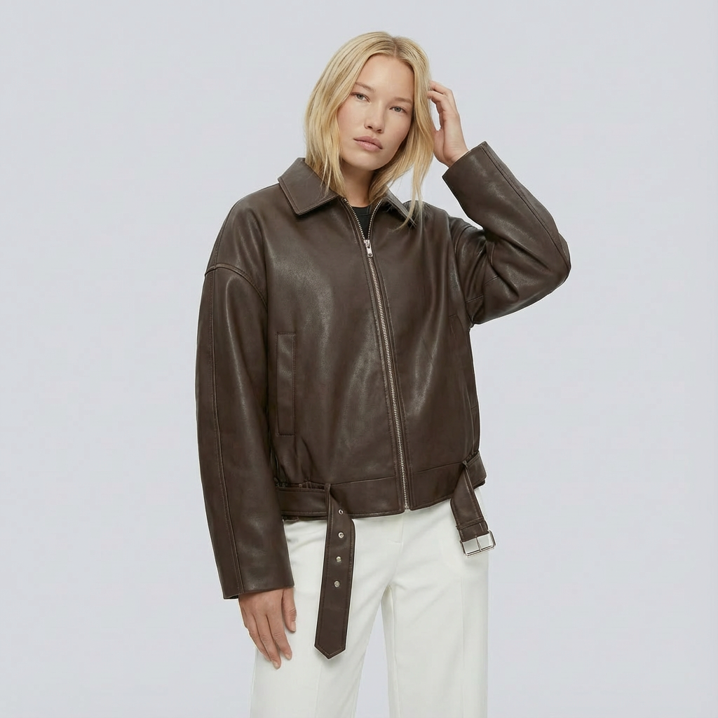 Woman wearing a brown leather jacket on a light gray background