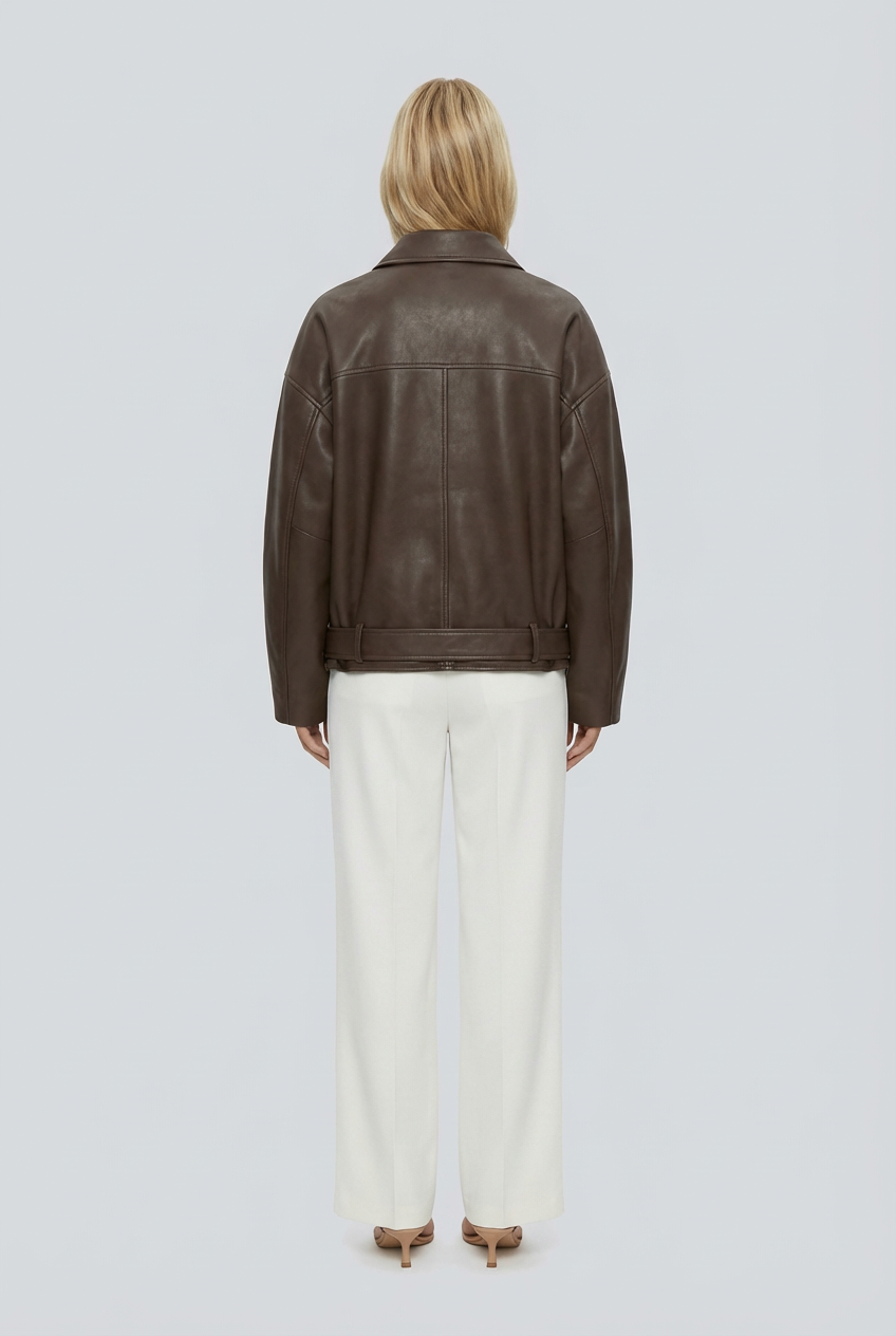 Person wearing a brown leather jacket and white pants on a light gray background
