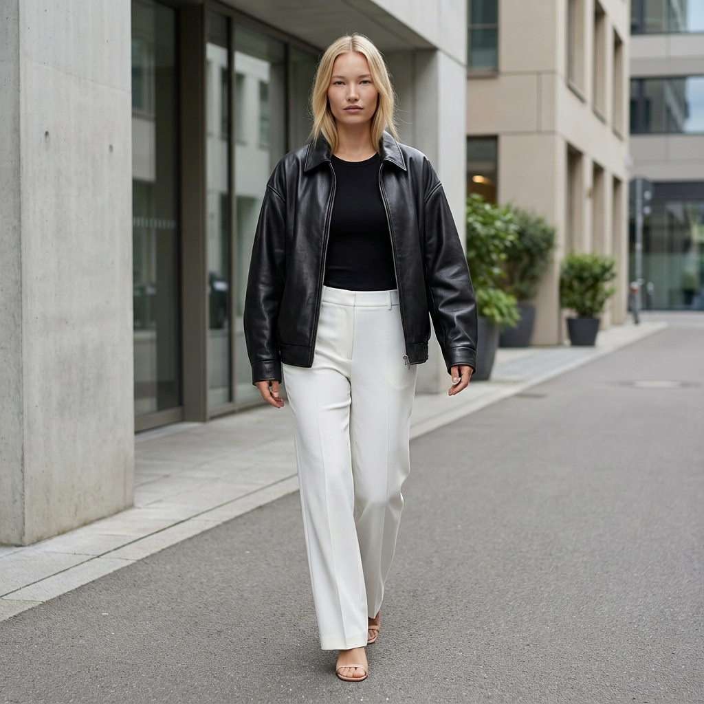Woman in black leather jacket and white pants walking on a city street.