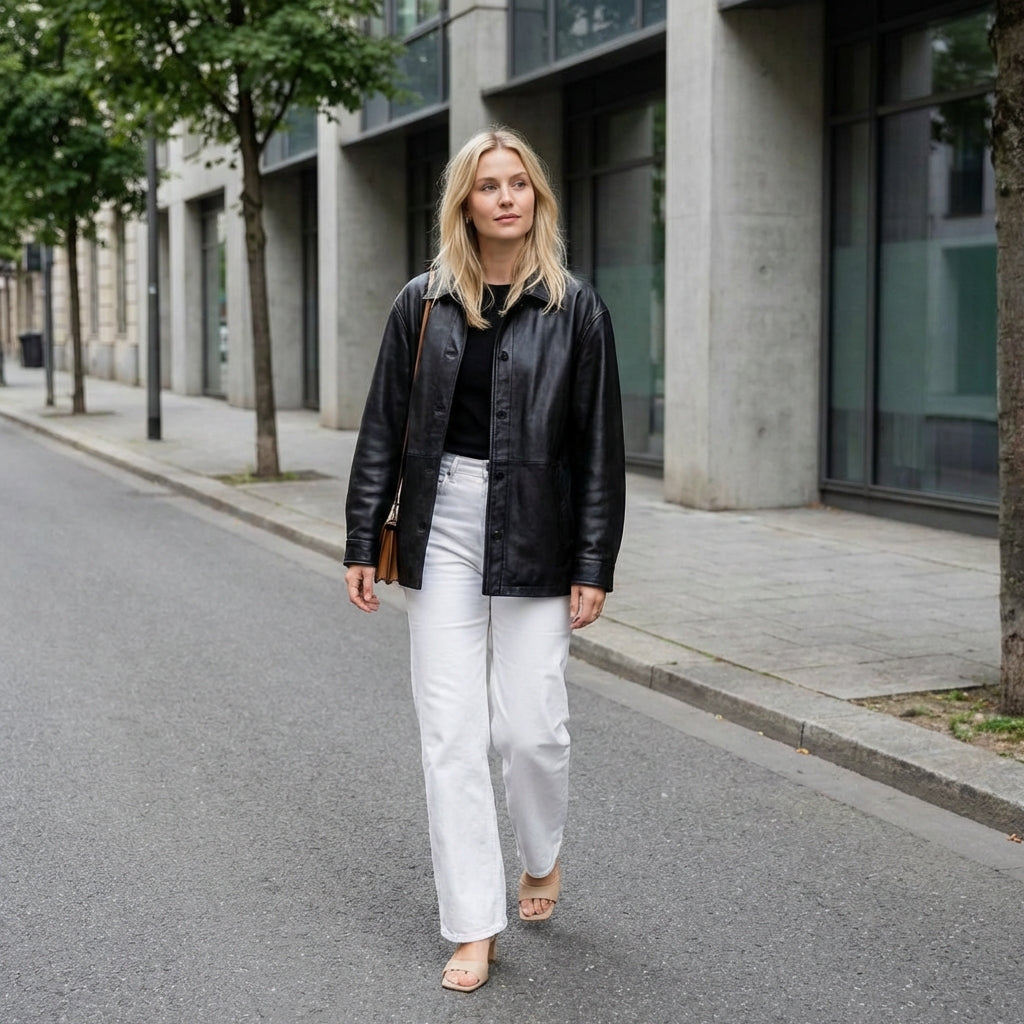 Woman in black leather jacket and white pants walking on a city street.