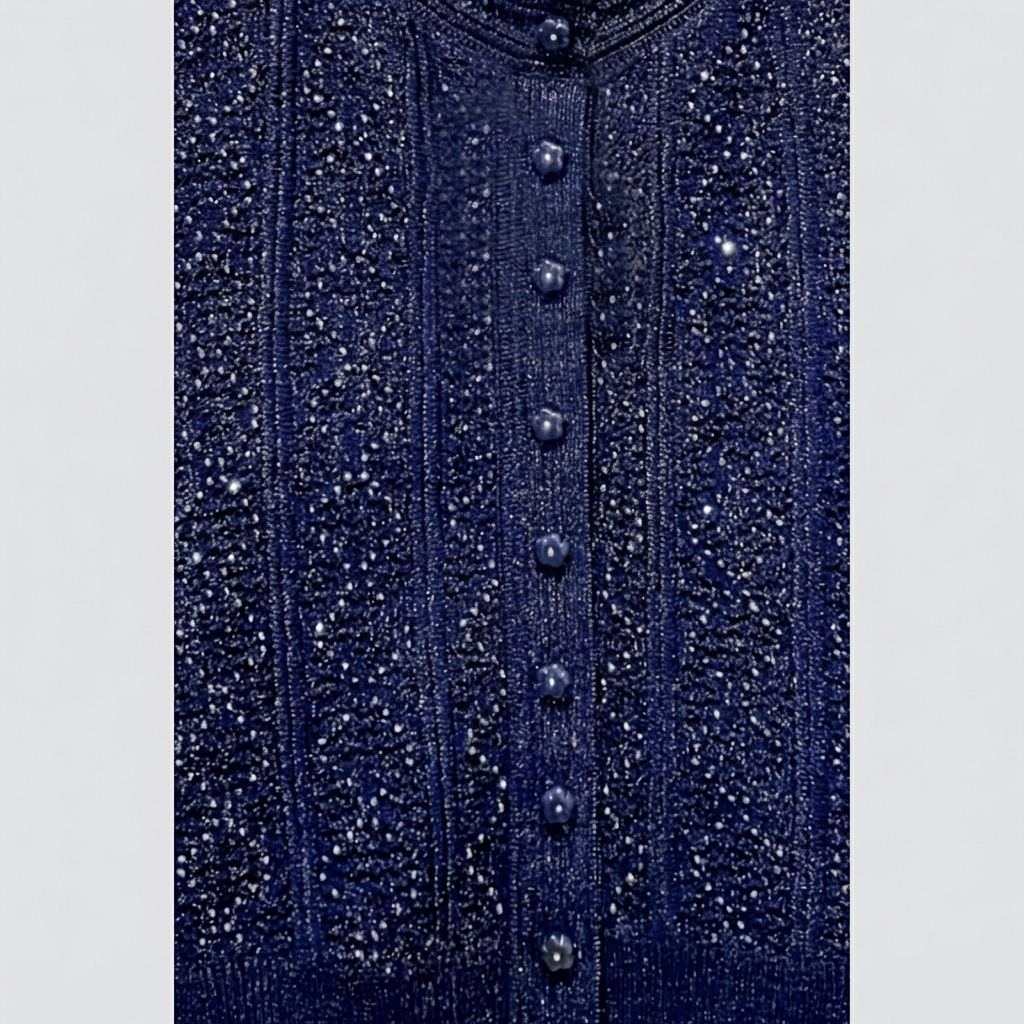 Close-up of a dark blue textured cardigan with buttons on a light gray background