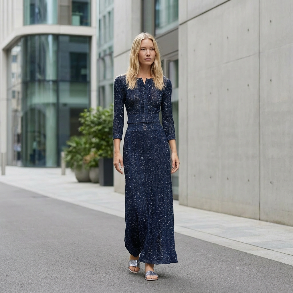 Woman in a long dark blue dress walking on a city street.