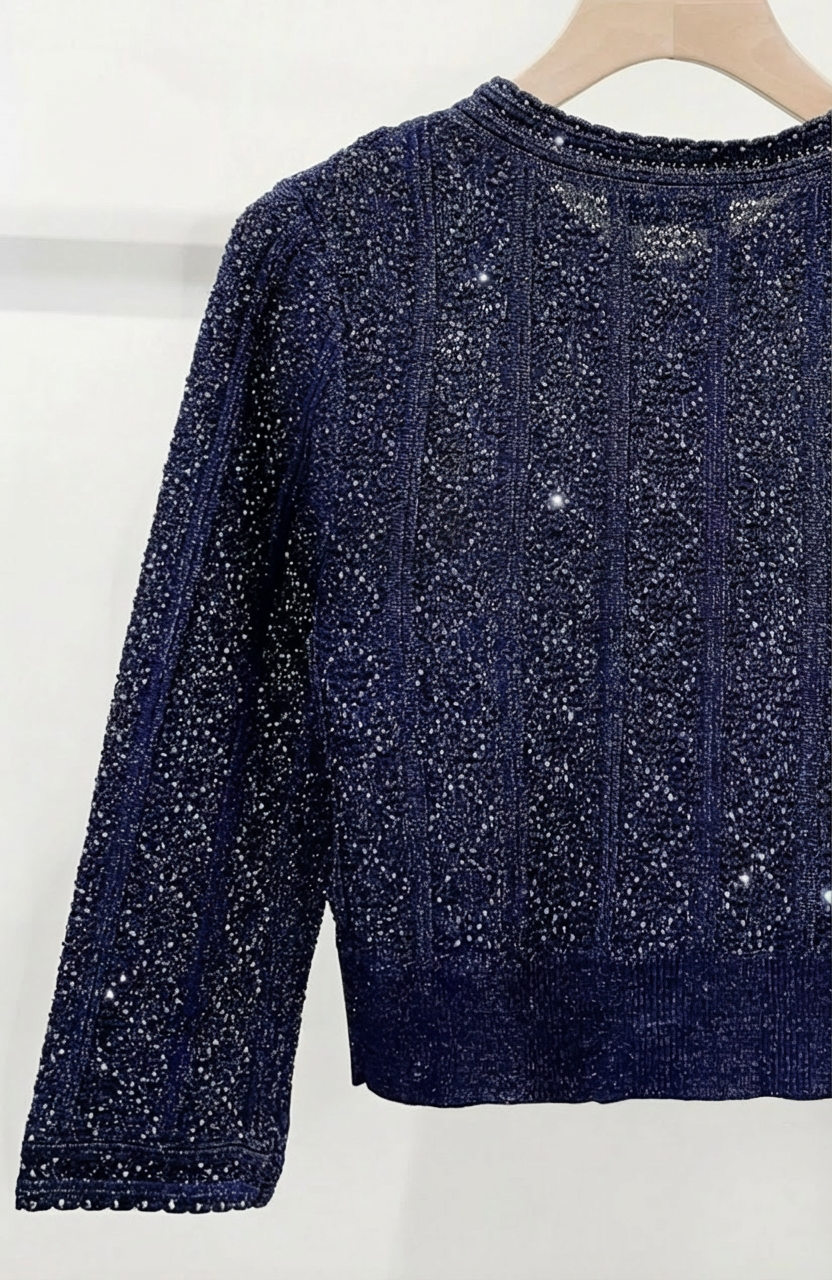 Navy blue sequin sweater on a hanger against a white background