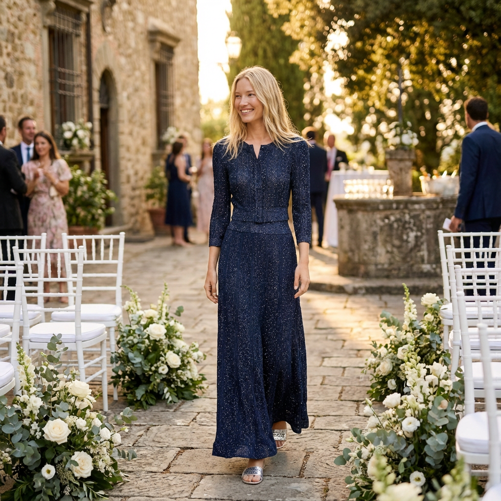 Woman in a navy blue dress standing outdoors at a wedding venue with floral decorations.