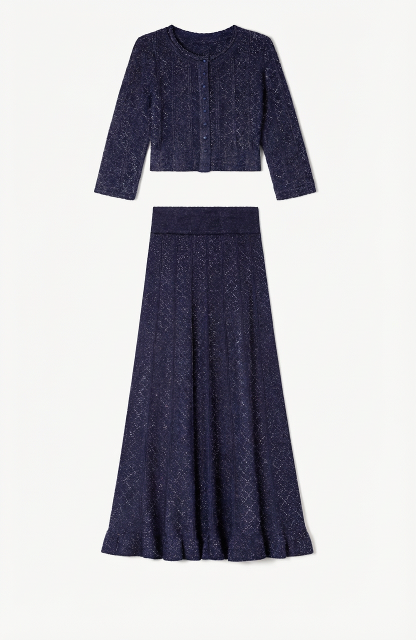 Navy blue textured top and skirt set on a white background