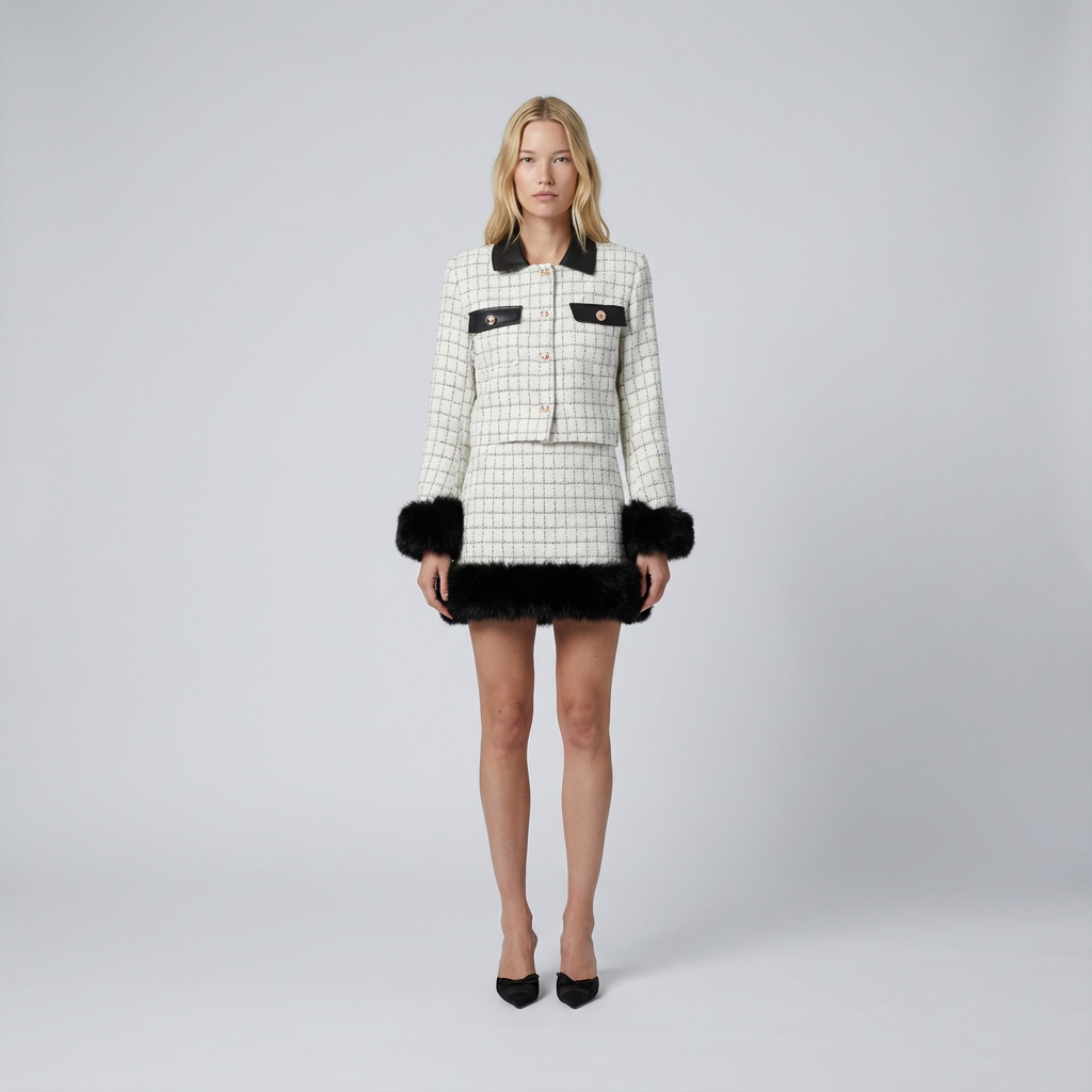 Woman wearing a checkered outfit with black fur trim on a white background