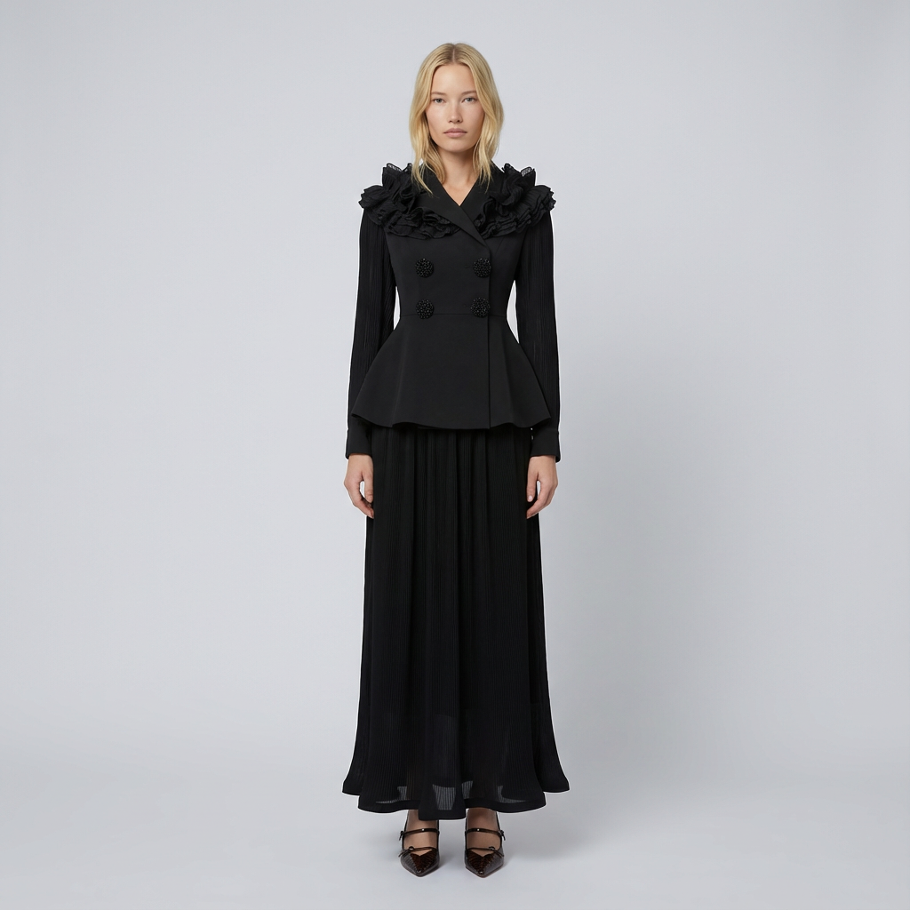 Woman wearing a black outfit with ruffled details on a gray background