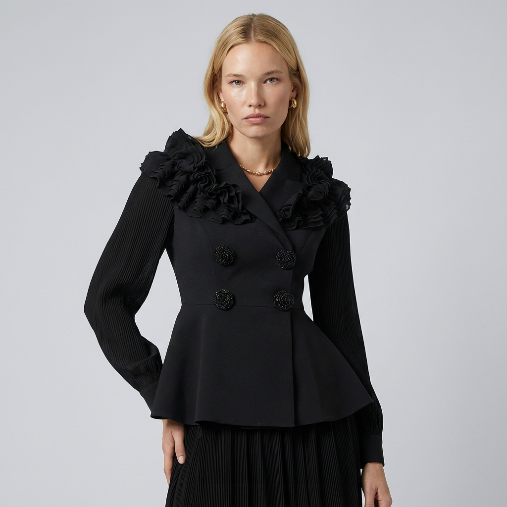 Woman wearing a black peplum jacket with ruffles on a gray background