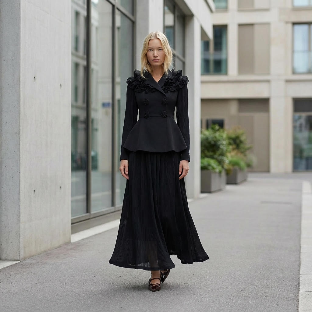 Woman in a black outfit standing in an urban setting