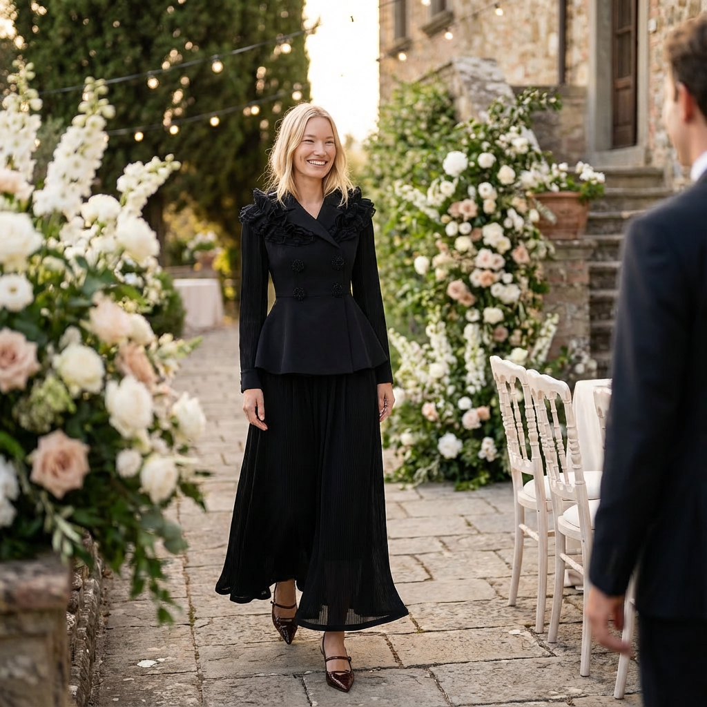 Woman in a black outfit standing in an outdoor setting with floral decorations and stone architecture.